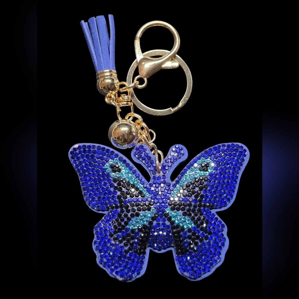 Blue Butterfly Bag Charm Keychain with Gold Accents